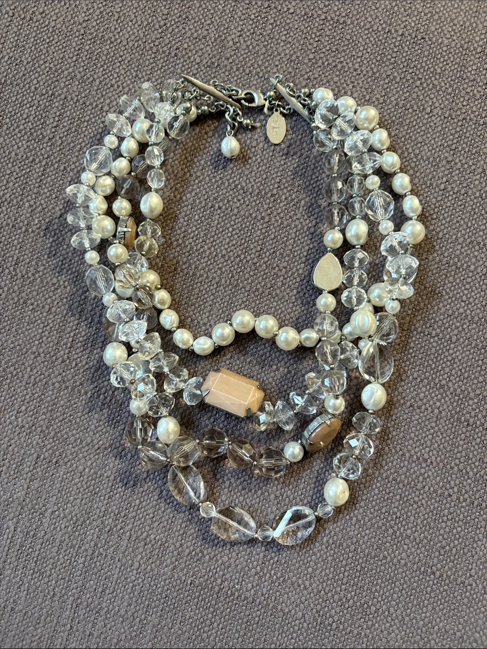 Multi-Strand Pearl & Crystal Statement Necklace - White and Brown